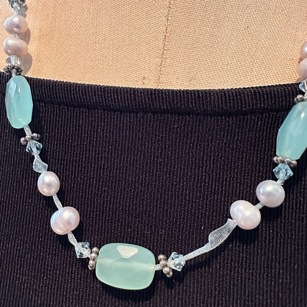 Feminine soft blue necklace.